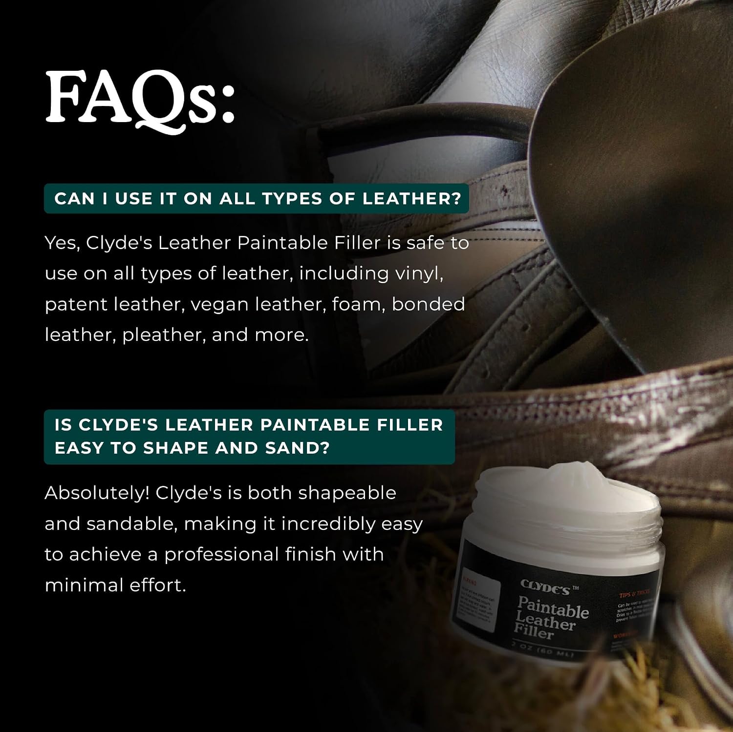 Clyde's Leather Paintable Filler | Leather Filler Repair for Holes, Tears, Cracks, Scratches and Burns | Flexible & Sandable Finish
