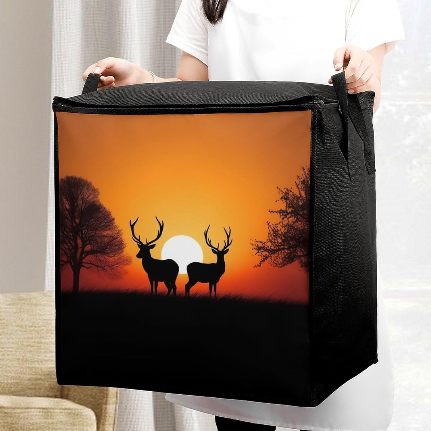 Portable Quilt Storage Bag,Nature Sunset Deer Printed Foldable Wardrobe Storage Box Foldable Storage Bag with Lids And Handle Large Clothing Storage Bag for Comforters Clothes Blankets Pillows