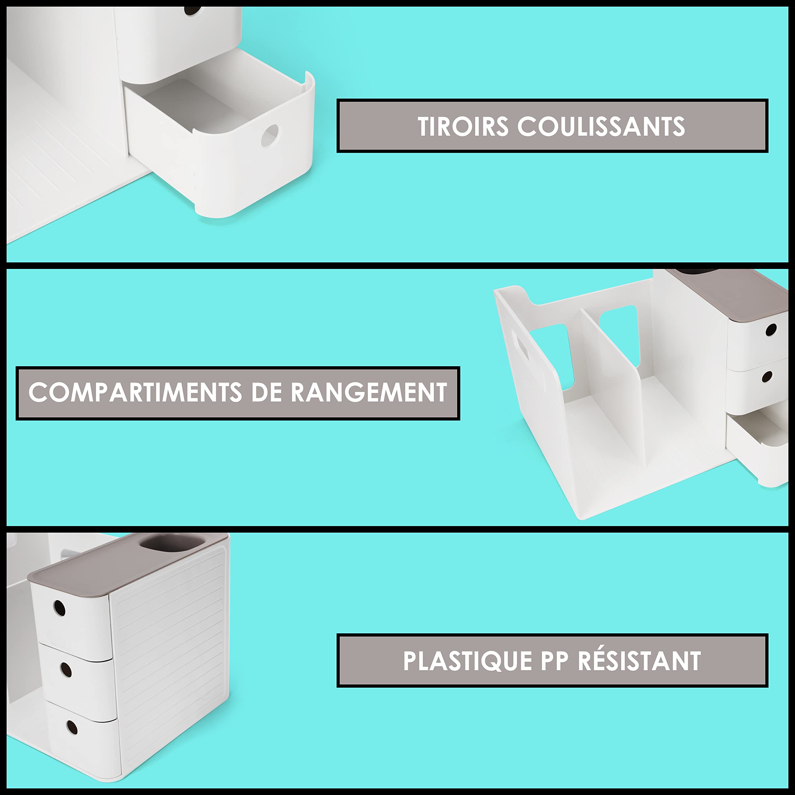 BELLE VOUS Organiseur Bureau Blanc Avec 3 Tiroirs - Rangement Stylo en Plastique PP Pour Dossiers, Livres, Papeterie & Autres Accessoires