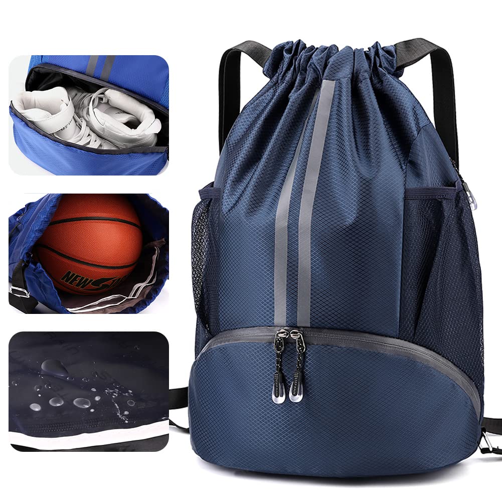 Veki Sac à Dos avec Cordon pour Homme Femme, Sac de Sport avec Compartiment Chaussures et Poche Humide, Bleu