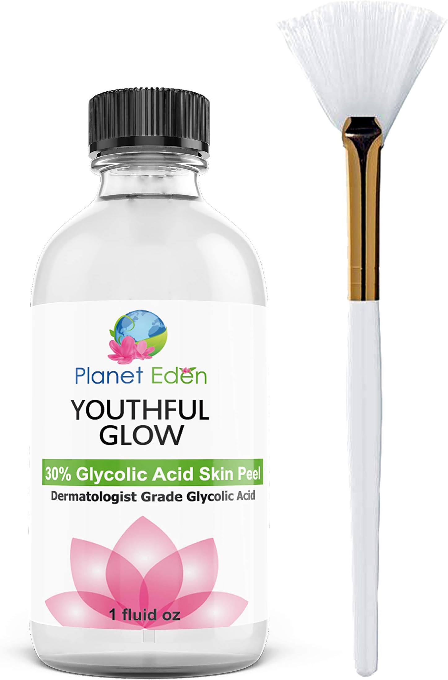 Planet Eden Youthful Glow 30% Glycolic Acid Skin Peel with Free Fan Brush for Sun Damage, Freckles, More Even.