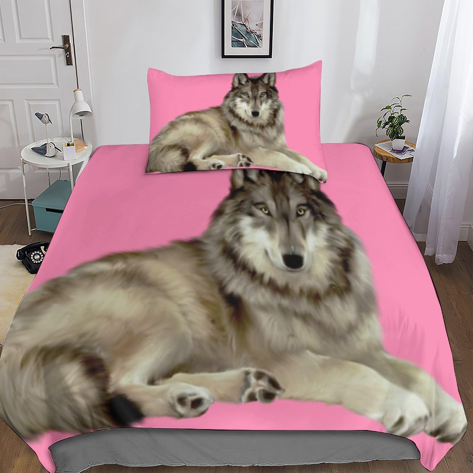 Parure de lit loup housse de couette 135x200cm anti-décoloration pour linge de lit enfant durable