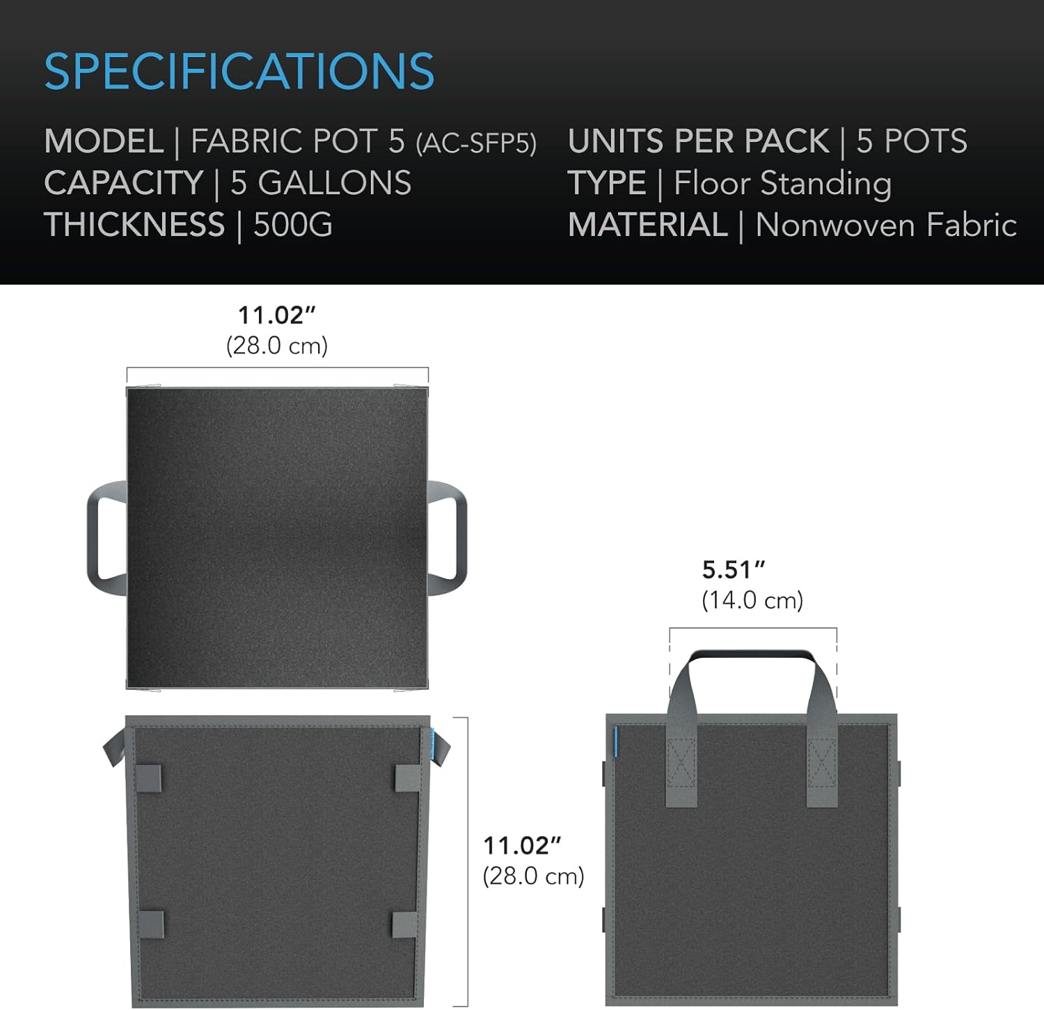 AC Infinity Square Heavy Duty Fabric Pots, 5 Gallon Aeration Reusable Grow Bags 5-Pack with 500G Thick Nonwoven Fabric and Plant Stake Loops, for Garden Growing Fruits, Vegetables, and Flowers - Image 6