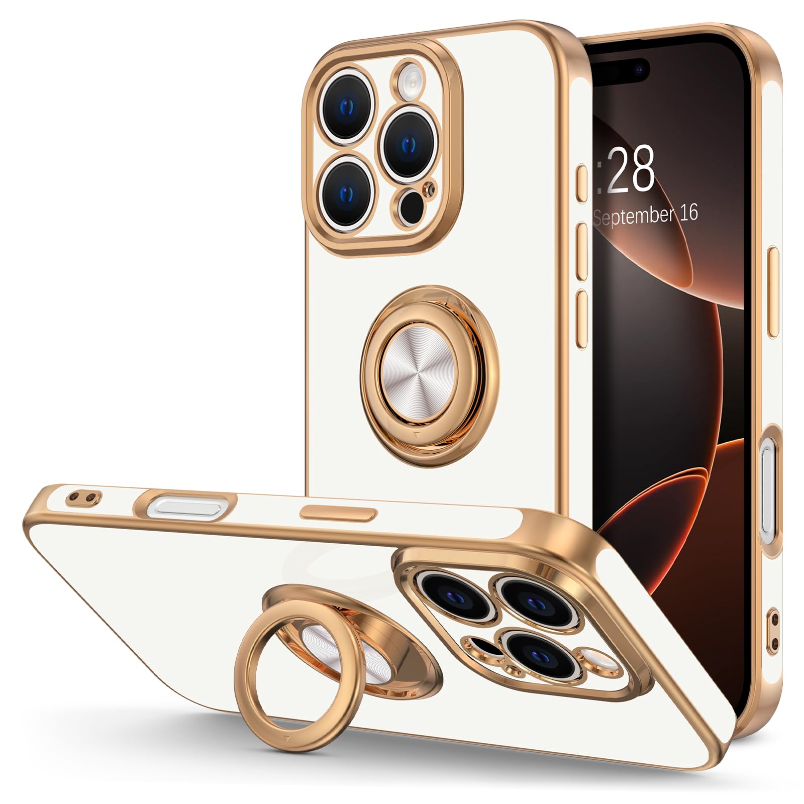 Photo 1 of Hython for iPhone 16 Pro Case with Ring Stand, 360° Rotatable Ring Holder Magnetic Kickstand, Plating Rose Gold Edge Soft Cover Protective Phone Case for iPhone 16 Pro 6.3", White