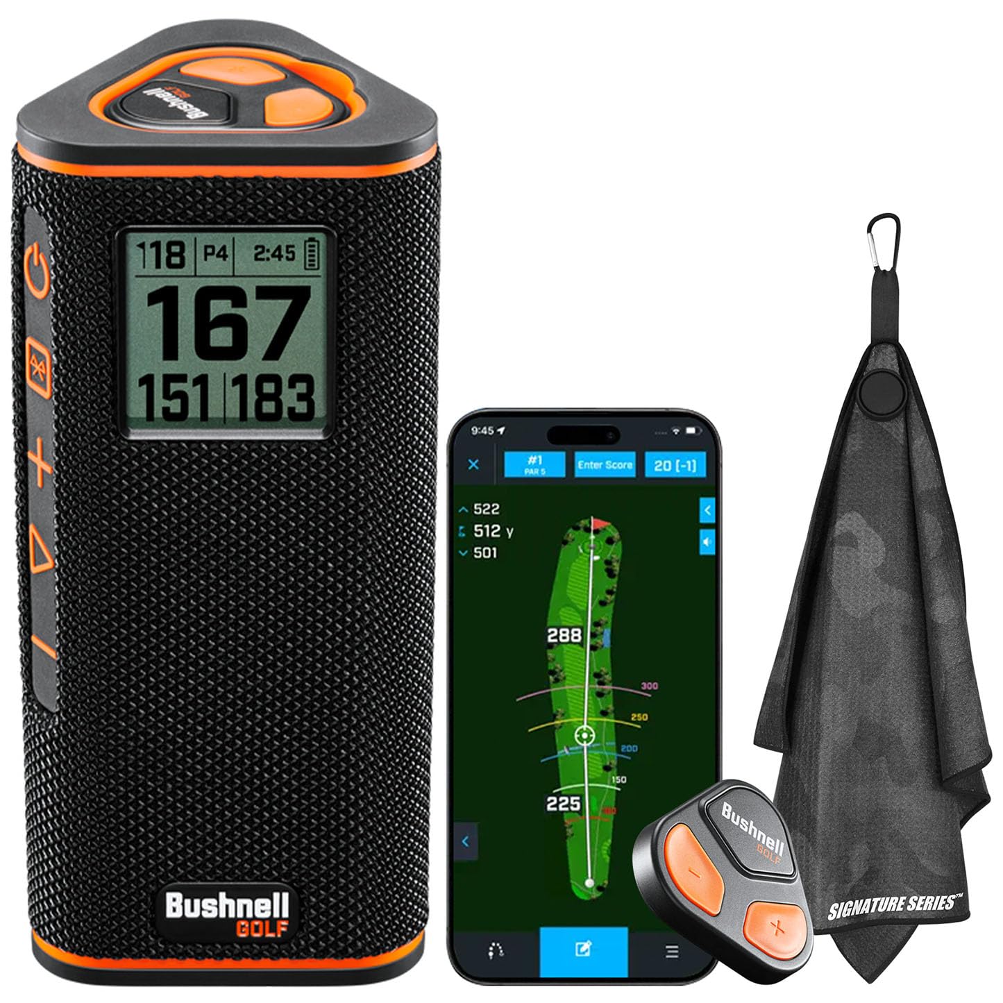 Bushnell Golf Wingman View GPS Speaker | LCD Screen, Magnetic Mount, Music & Audible Distances for 36,000+ Courses, Wireless Remote, 36-Hole Battery, Hazard Info, Signature Series Golf Towel
