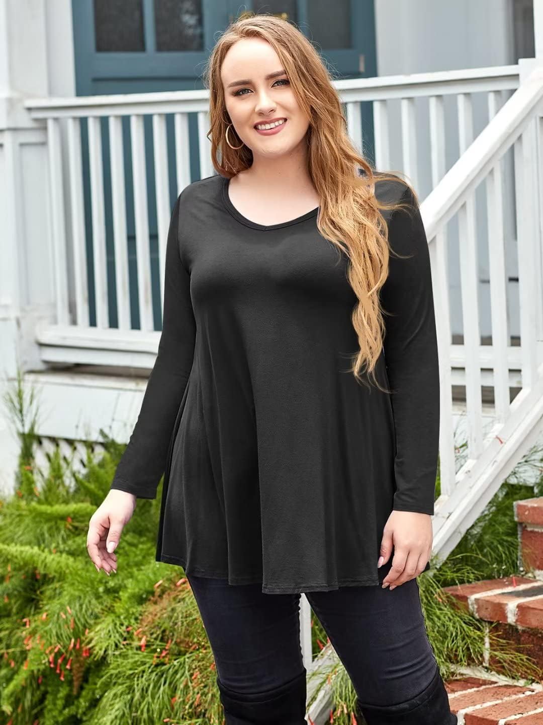 LARACE Long Sleeve Tunics Tops Plus Size for Women V Neck Loose Fit Flowy Clothing for Leggings - Image 3
