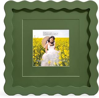 Scalloped 8x8 Picture Frame, Real Glass Wood Frame with Reversible Mat for 4x4/6x6 Prints, Wavy Edge for Wall or Tabletop, Decorative Photo Frame, Green