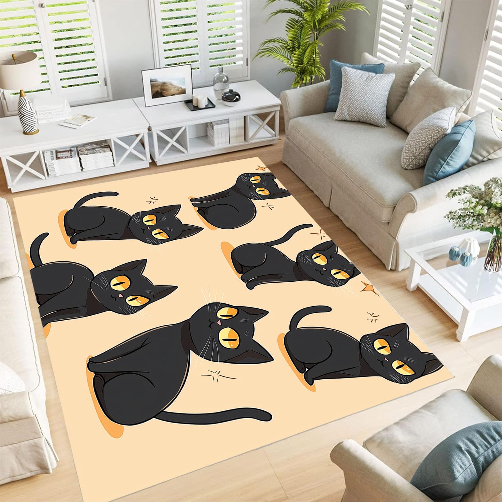 Tapis lavable chat noir antidérapant beige 120x180 cm poils courts