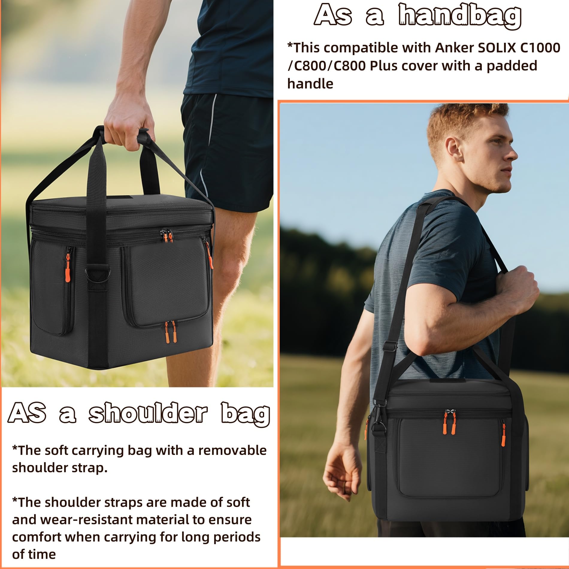 Tragbare Powerstation-Tasche kompatibel mit Anker SOLIX C1000/C800/C800 Plus - Schnellzugriff-Tragetasche mit Schultergurt und mehreren Taschen (Schwarz)