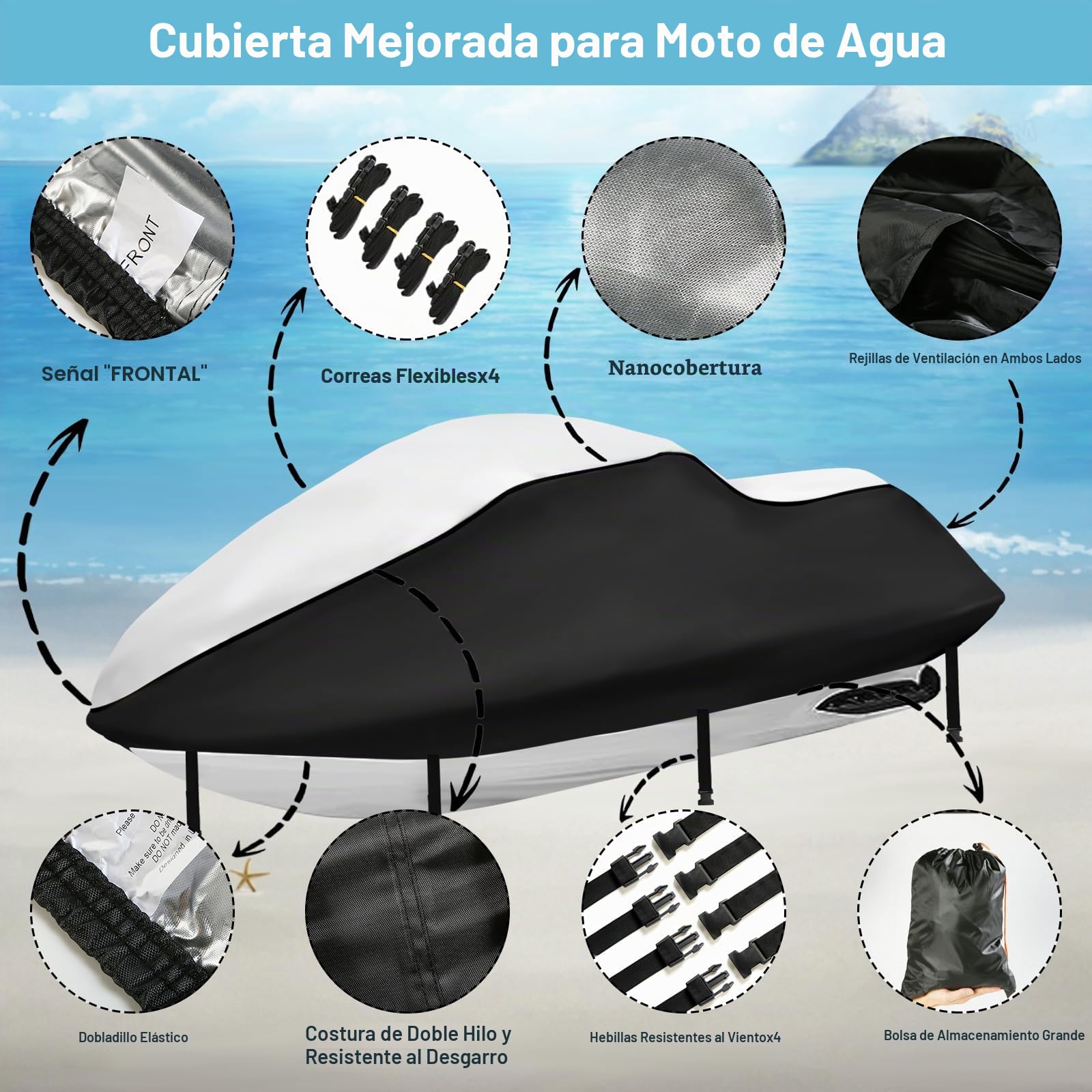 Funda Impermeable para Moto acuática de 3 plazas, Cubierta PWC 420D Mejorada con 2 Rejillas de ventilación,Resistente a los Rayos UV para Seadoo, Kawasaki, Waverunner Polaris(307-343CM Plata-Negro)