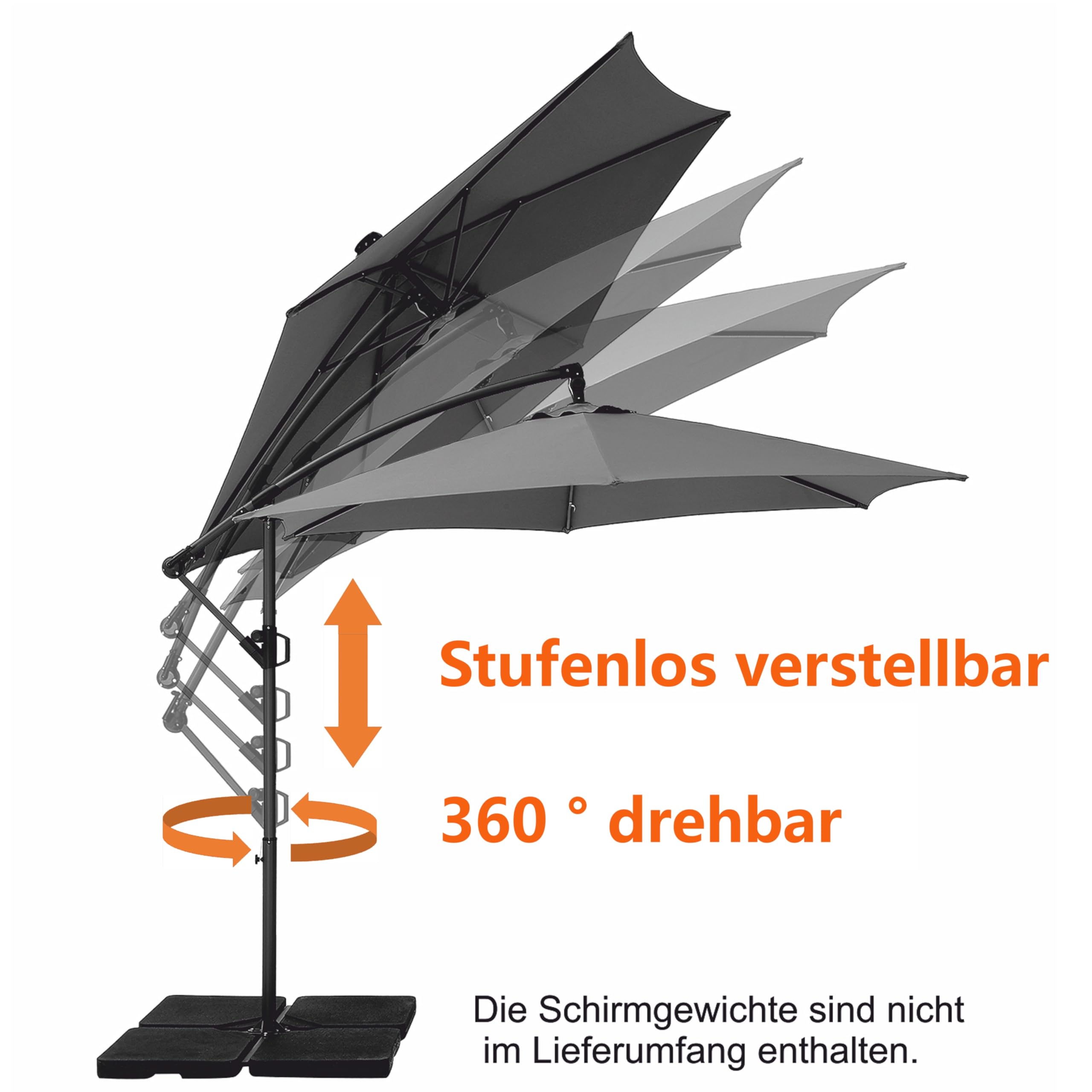 Deuline Sonnenschirm Ø300cm ALU 360° drehbar Ampelschirm + Schutzhülle + Ständer UV-Schutz Wasserabweisende Bespannung Gartenschirm Marktschirm Mallorca-Elite 521815