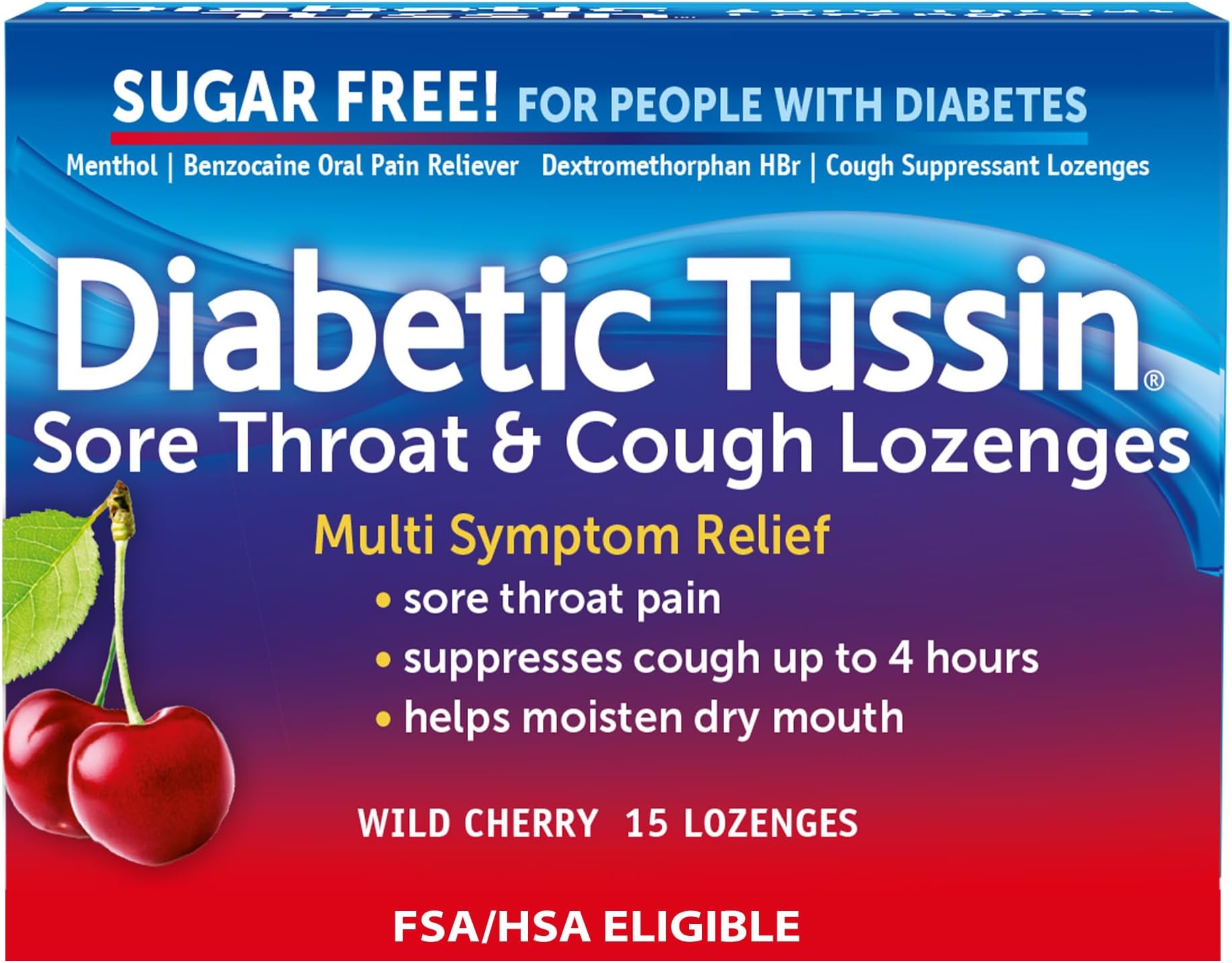Sugar Free Sore Throat & Cough Drops, Wild Cherry, 15 Count, Sodium-Free Lozenges with Soothing Liquid Center