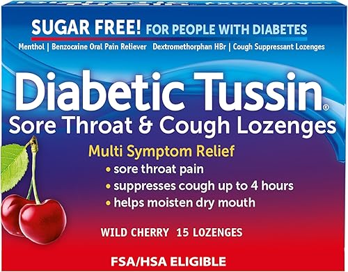 Diabetic Tussin Gotas para el dolor de garganta y la tos sin azúcar, cereza silvestre, 15 unidades, pastillas sin sodio con centro líquido calmante