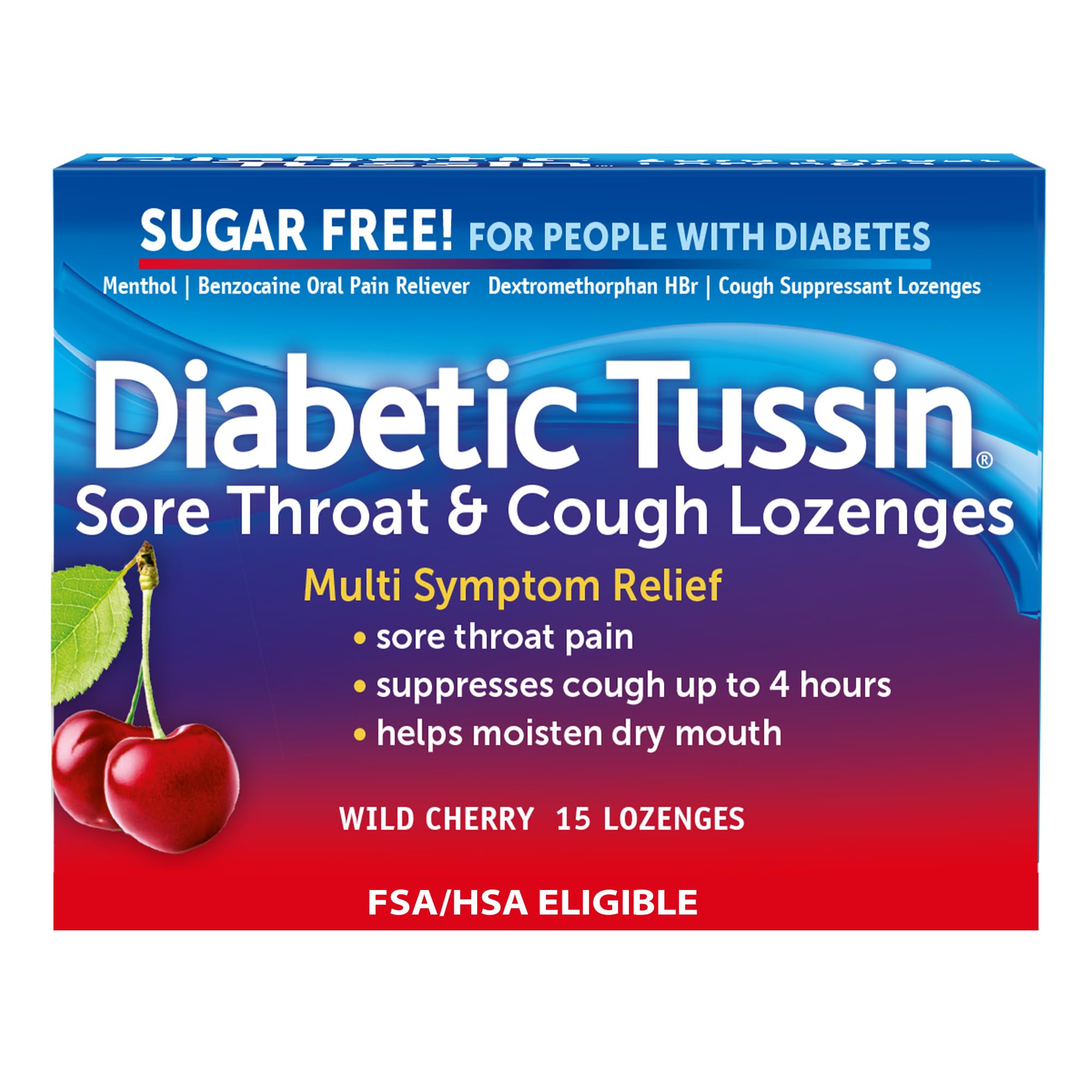Sugar Free Sore Throat & Cough Drops, Wild Cherry, 15 Count, Sodium-Free Lozenges with Soothing Liquid Center