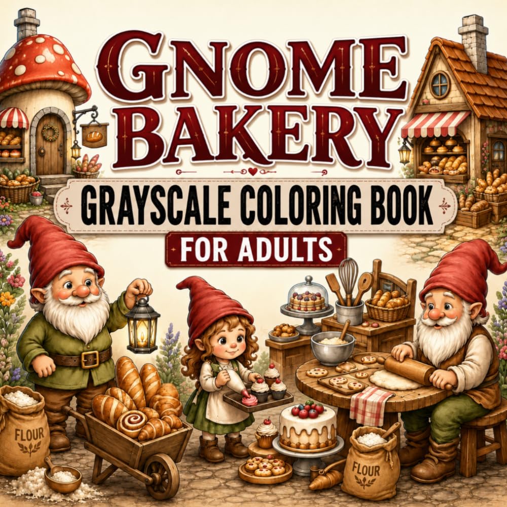Gnome Grayscale Coloring Book for Adults: Cozy Bakery Scenes with Adorable Gnomes, Breads, Cakes and Pastries for Relaxation and Stress Relief (Cozy Gnome Village Coloring Collection)