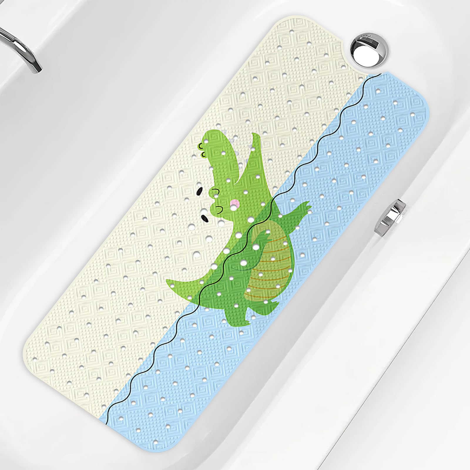PRATIQUE Kids Bath Mat for Tub Non Slip，40 X 16 Inch Extra Long Kids Bathtub Mat Crocodile Bathtub Shower Mat Safety Anti Slip with Suction Cups and Drain Holes, Machine Washable
