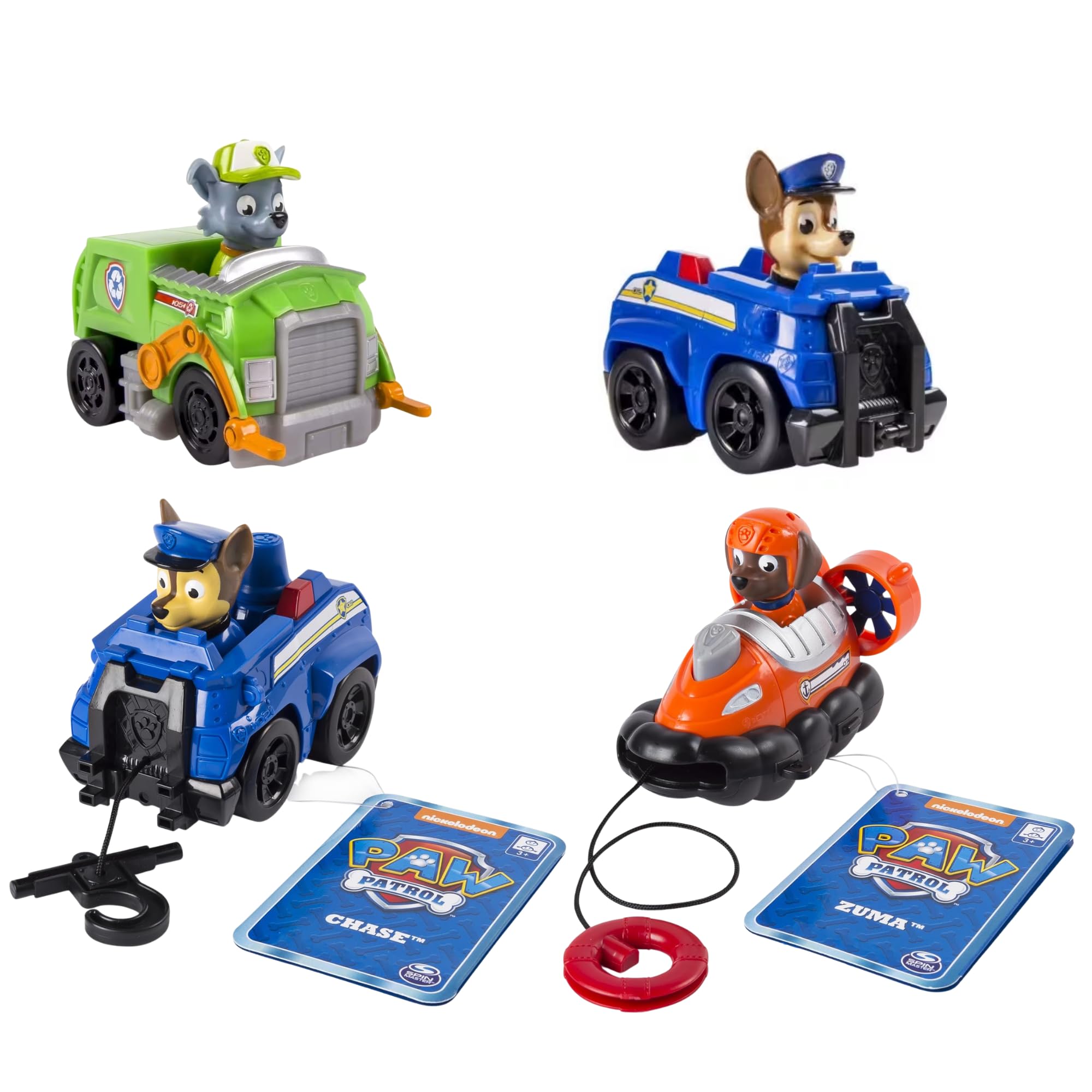 Paw Patrol - Mini Rescue Animal Sea Patrol Vehicle - 9cm Rescue Vehicle With Extendable Grapple - (Set of 4 Chase Both Styles Zuma & Rocky)