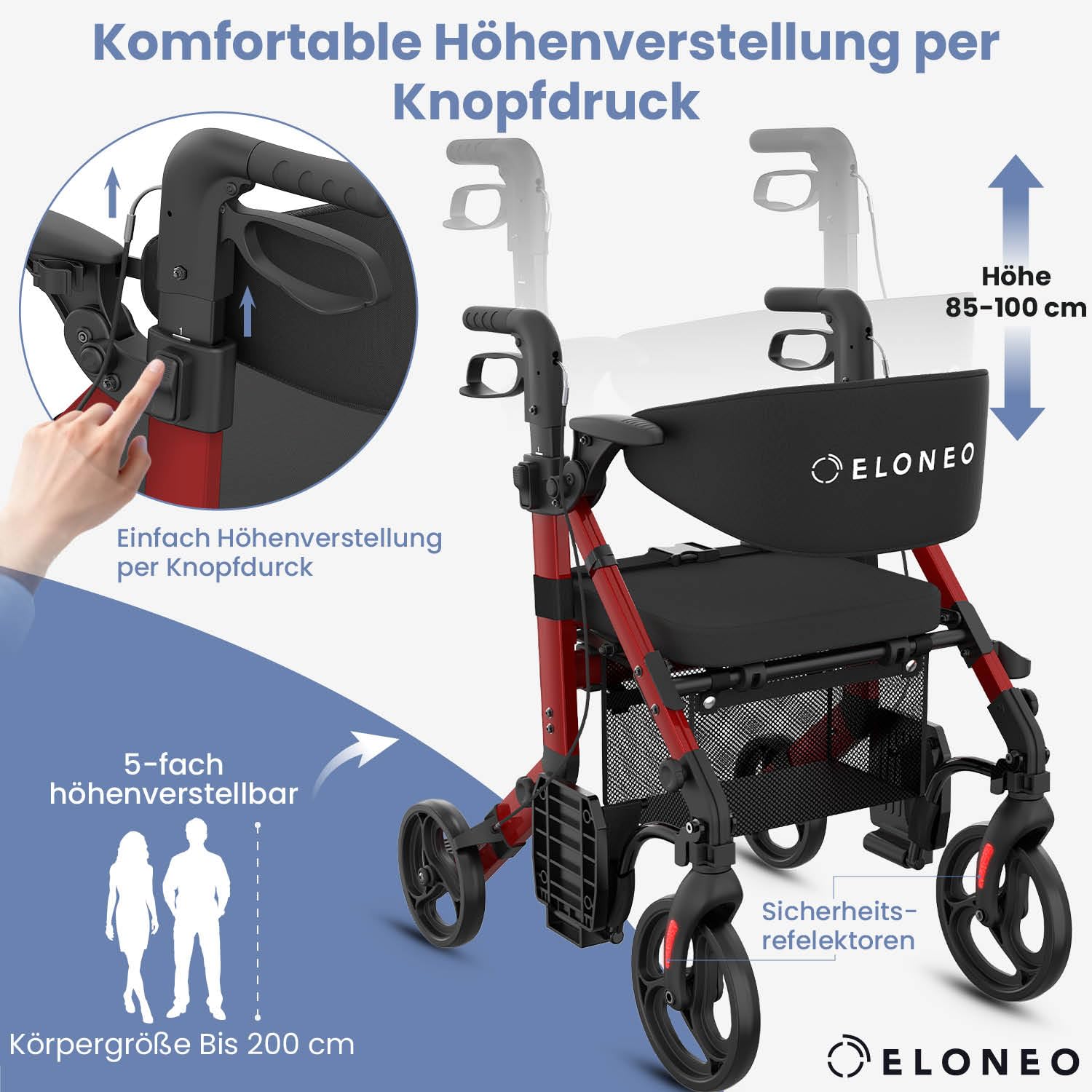 ELONEO 2 in 1 Rollstuhl Rollator faltbar und leicht mit Sitz, Outdoor Rollator Rollstuhl faltbar leicht für alle Gelände, Aluminium Gehhilfe für Senioren mit Netztasche, Transport-Rollstuhl, rot