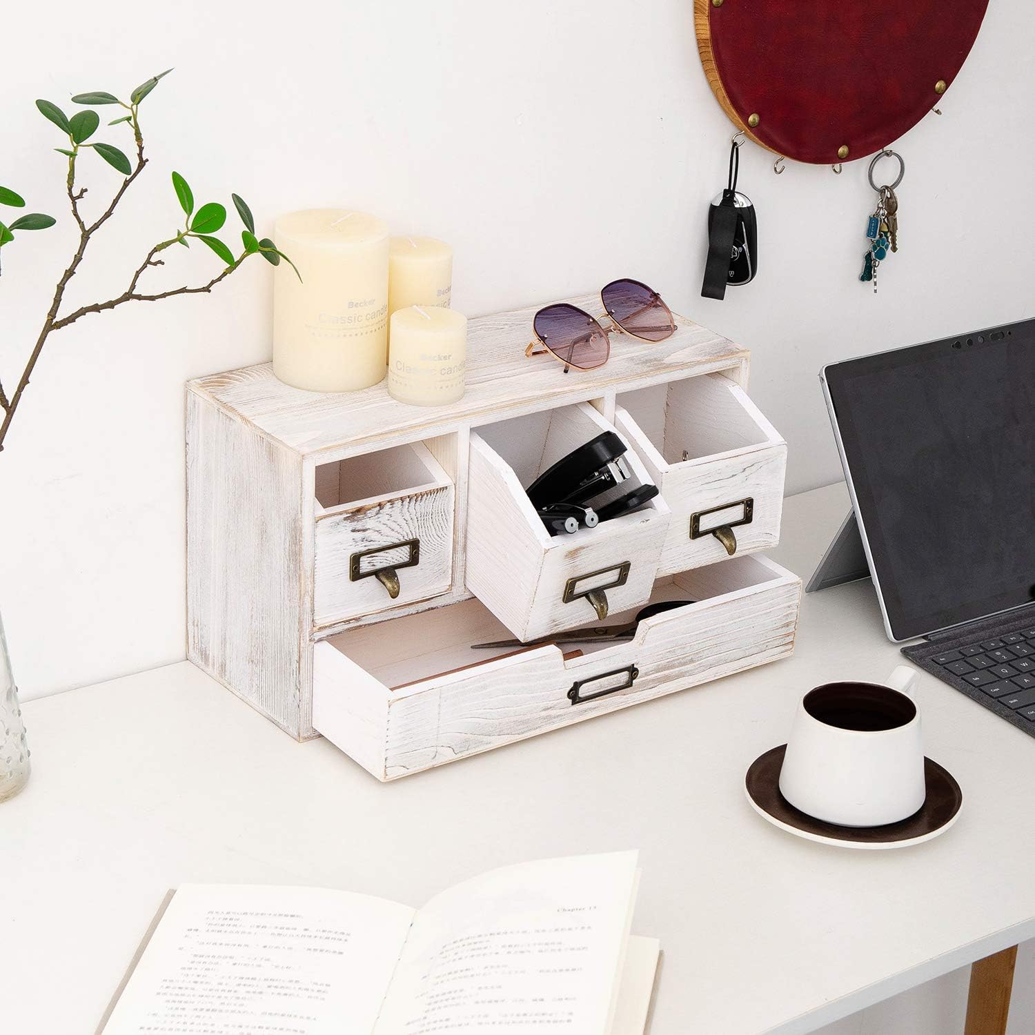 Rustic Wood Desktop Office Organizer Drawers Storage Cabinet Cosmetic jewelry storage Kitchen household coffee spice rack with 4-Drawer (white)