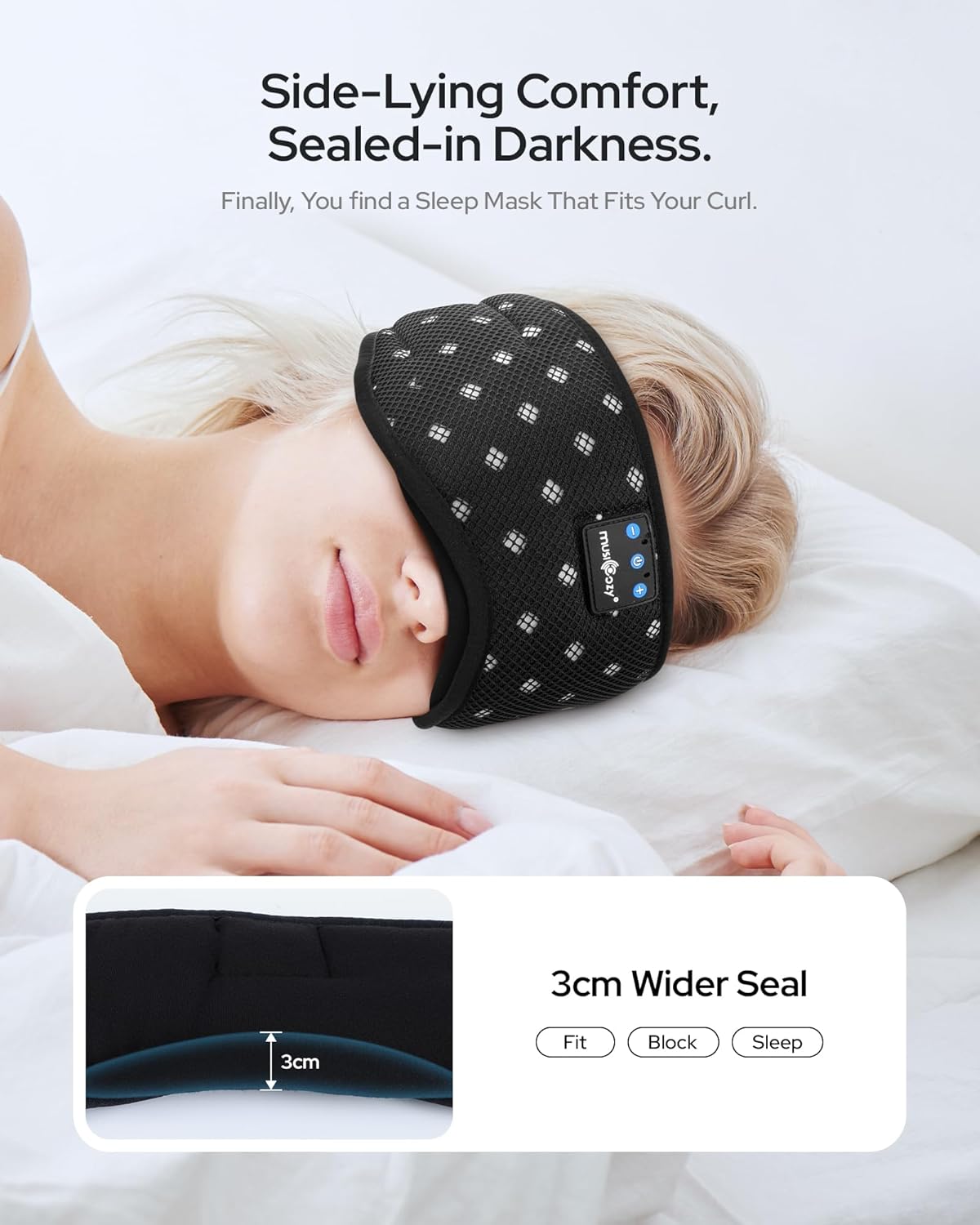 MUSICOZY Bluetooth Sleep Headphones for Side Sleepers, Wireless Headphones with Ultra-Thin Speakers in Comfortable Eye Headphone for Sleeping, Travel, Workout(Mesh Black) - Image 2