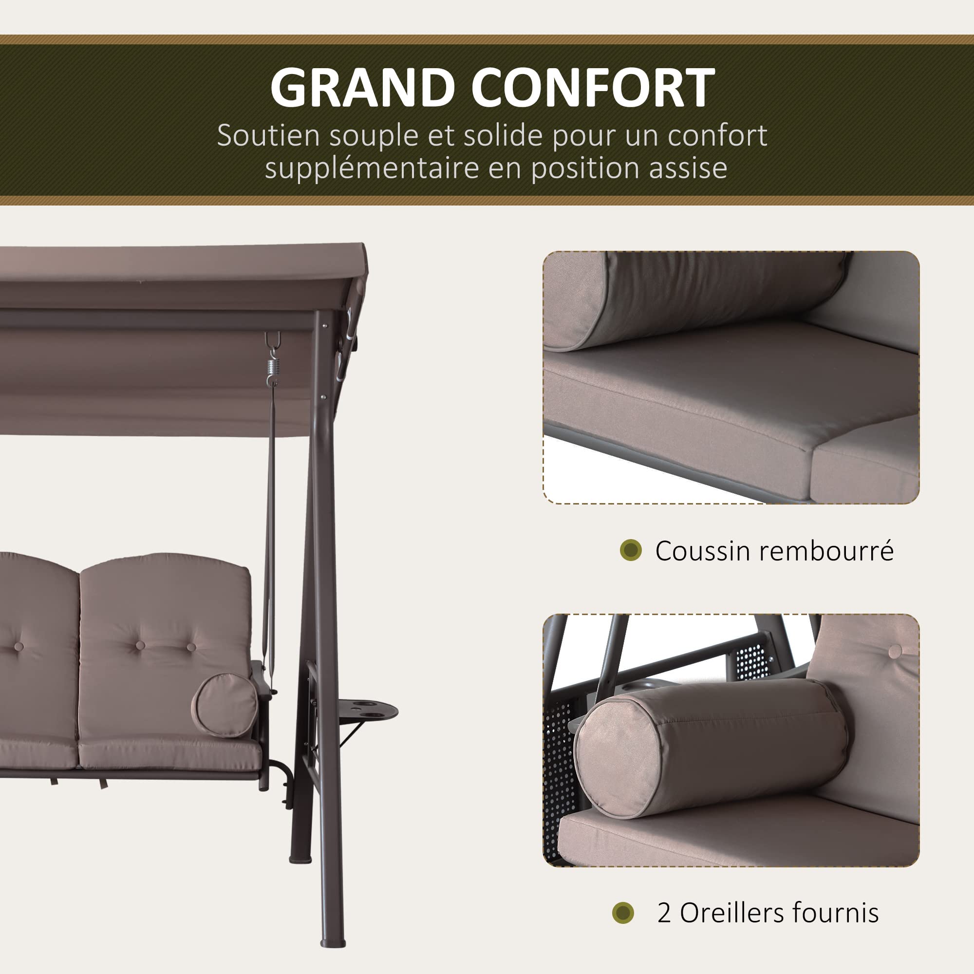 Outsunny Balancelle de Jardin 3 Places Toit Inclinaison réglable Coussins Plateaux rétractables Polyester Marron