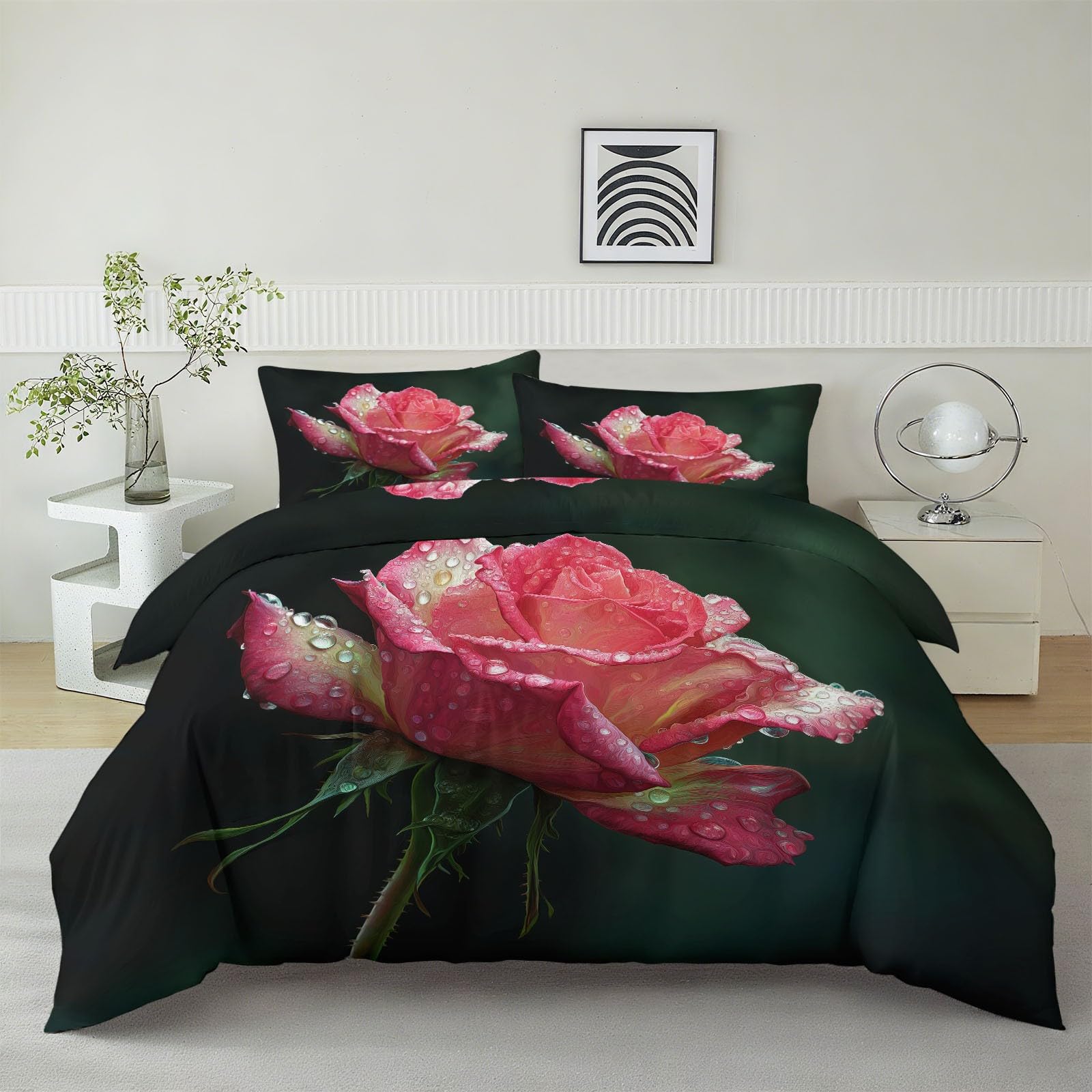 Housse de couette 200x200 vert foncé et rose avec 2 taies 65x65