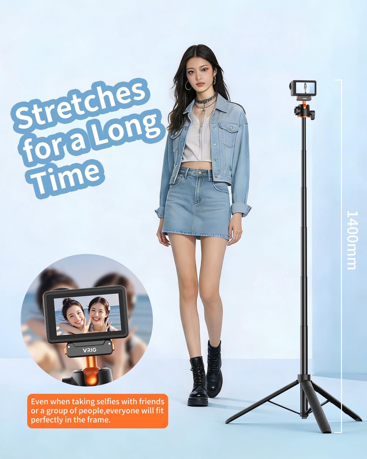 VRIG AC-40S Selfie Stick Stativ für DJI Osmo Action 5 Pro, Länge 33-140 cm, 1/4-Zoll-Schraube & Schnellverschluss-Adapterhalterung für DJI Osmo Action 4/3/Osmo 360