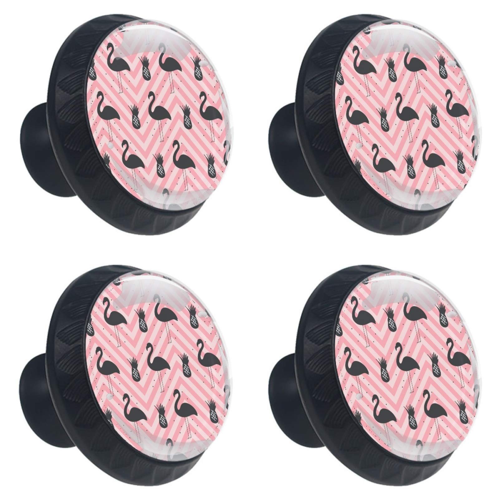 Boutons de placard ronds en verre rayures flamants roses pour meubles 4 pièces 30mm
