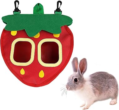 Rabbit Hay Feeder Bag for Cage Guinea Pig Timothy Hay Dispenser Storage Manger Hanging Large Less Waste for Bunny Strawberry