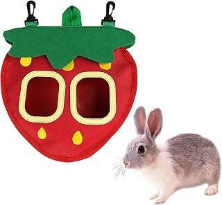 Strawberry Shaped Double Hole Rabbit Hay Feeder Bag,1680D Oxford Cloth Hanging Timothy Hay Dispenser for Wire Cage,Less Waste Foldable Hay Storage Manger for Bunny Guinea Pig Chinchilla Hamster