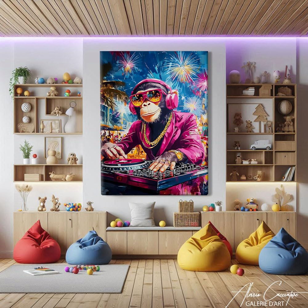 Quadro scimmia Dj - Poster decorativo murale umoristico - Stampa su tela Pop Art - Quadro Street Art di grande formato - Decorazione da parete con animali - Tela astratta moderna (80 x 60 cm)