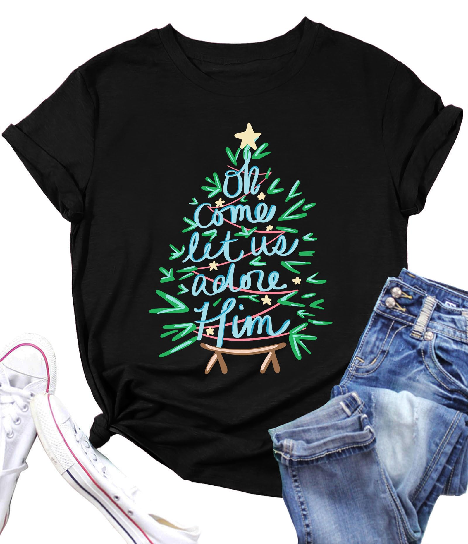 Ithalt Christmas Shirt for Women Christian Christmas Shirts Religious Prints Tshirts Xmas Holiday Short Sleeve Tops
