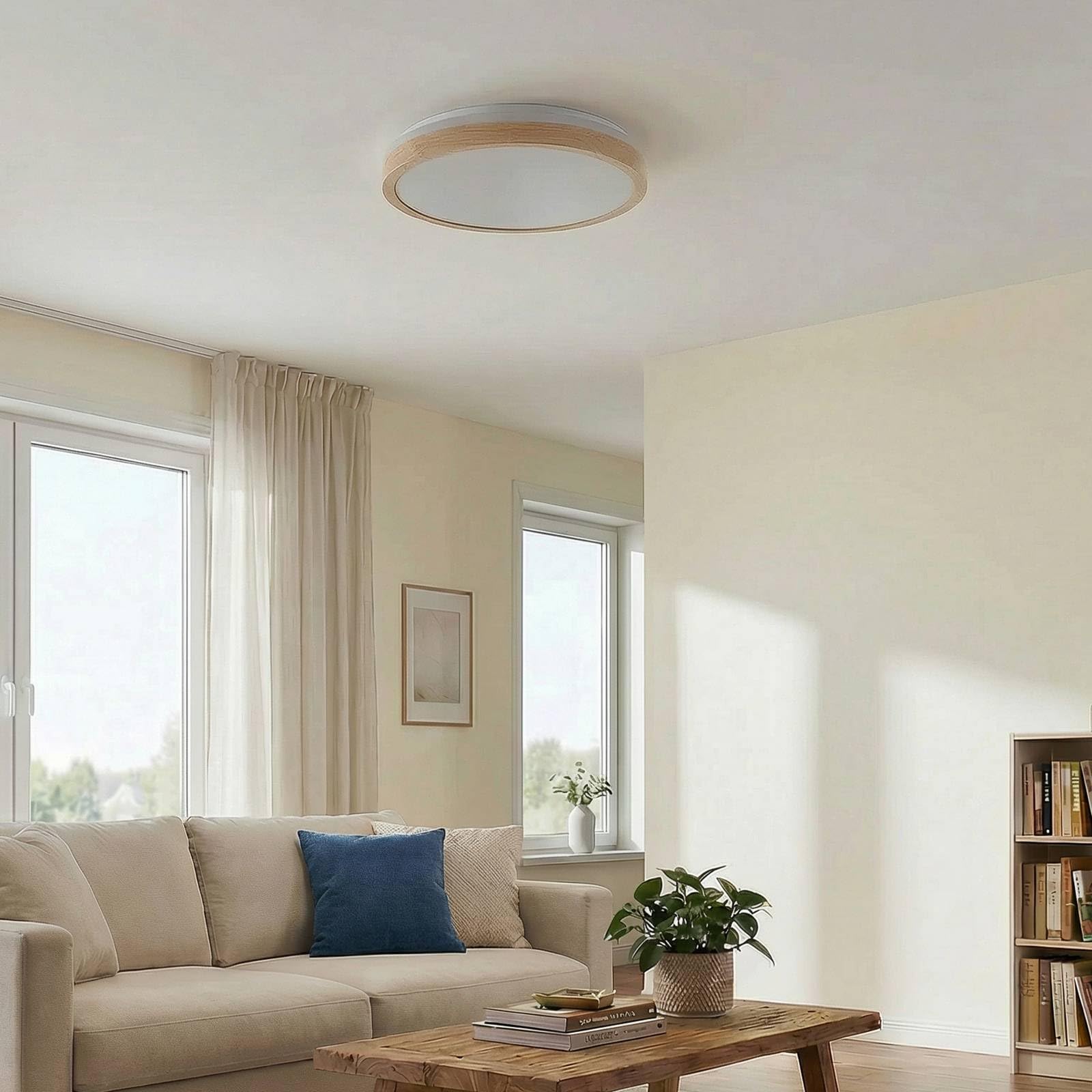 Lindby Bombillas LED lámpara de techo en madera, blanco, regulable plafón | lámpara de salón, moderno, cct, 3000 k blanco cálido - 6500 k luz, de madera, con mando a distancia para sala de estar,
