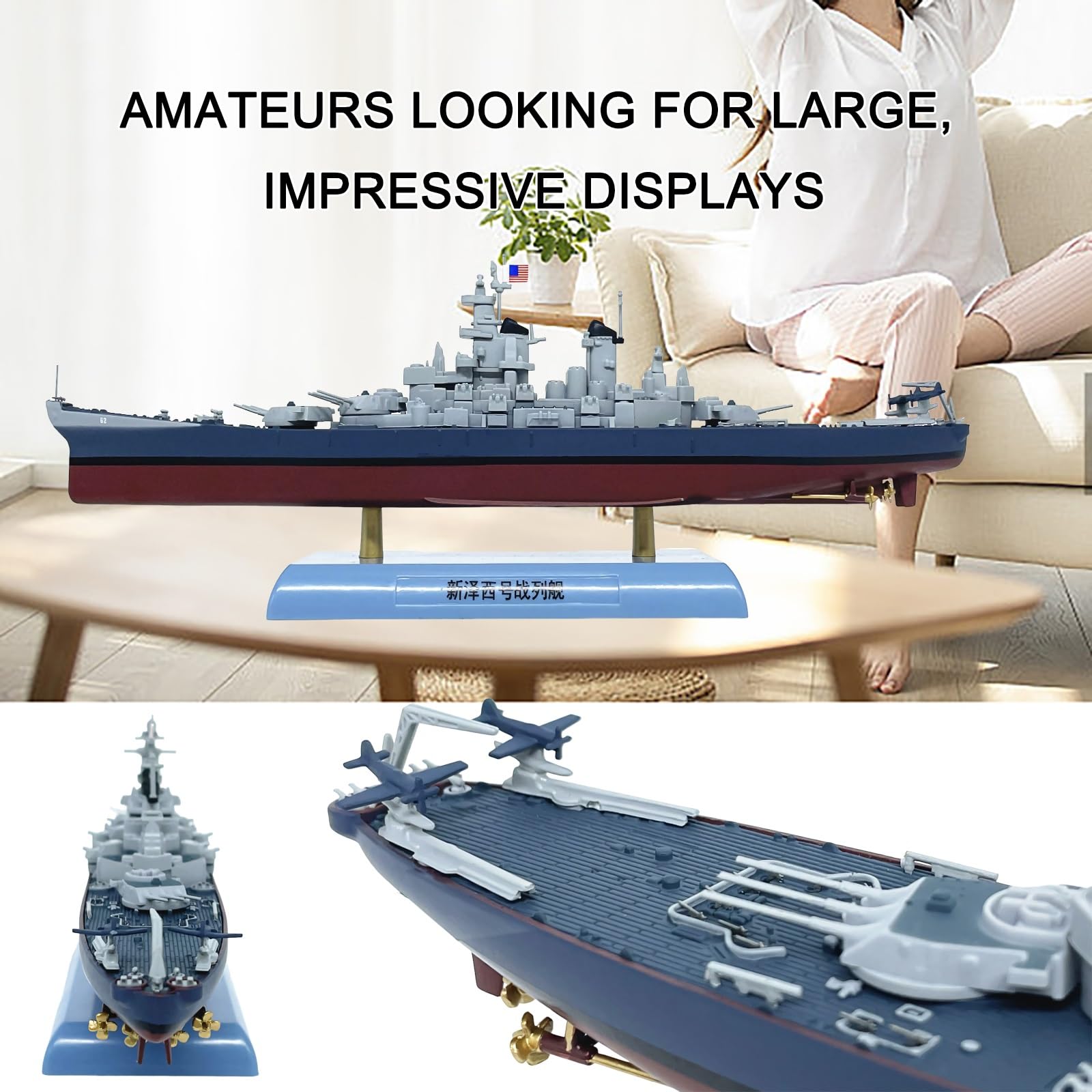 1000 Scale US New Jersey (BB-62) Iowa-class Alloy Battleship Model Kit Pre-Assembled Navy Warship Museum Perfect for Home Office Display Ideal Adult Collectors and Military History Buffs(A)