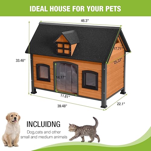 Miniatura 5 de GUTINNEEN Casa para perros con marco de metal, casa para gatos al aire libre, perrera de madera para invierno resistente a la intemperie