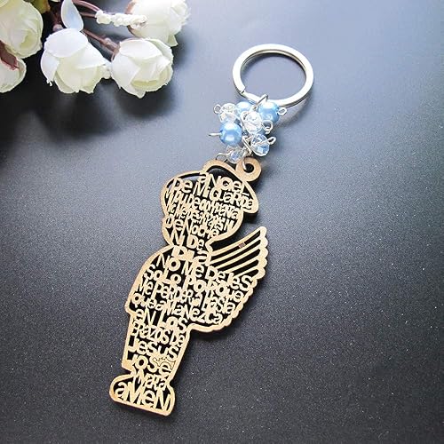 Miniatura 2 de Llavero de madera con diseño de bautizo azul para niño con ángel, recuerdos de bautizo, bautizo, con bolsas de regalo de organza, 12 unidades, 3