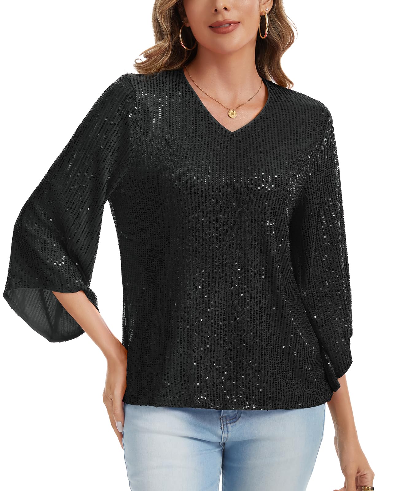 MINTLIMIT Women's Sparkly Sequin Tops V Neck 3/4 Ruffle Bell Sleeve Top Fully Lined (Black M)