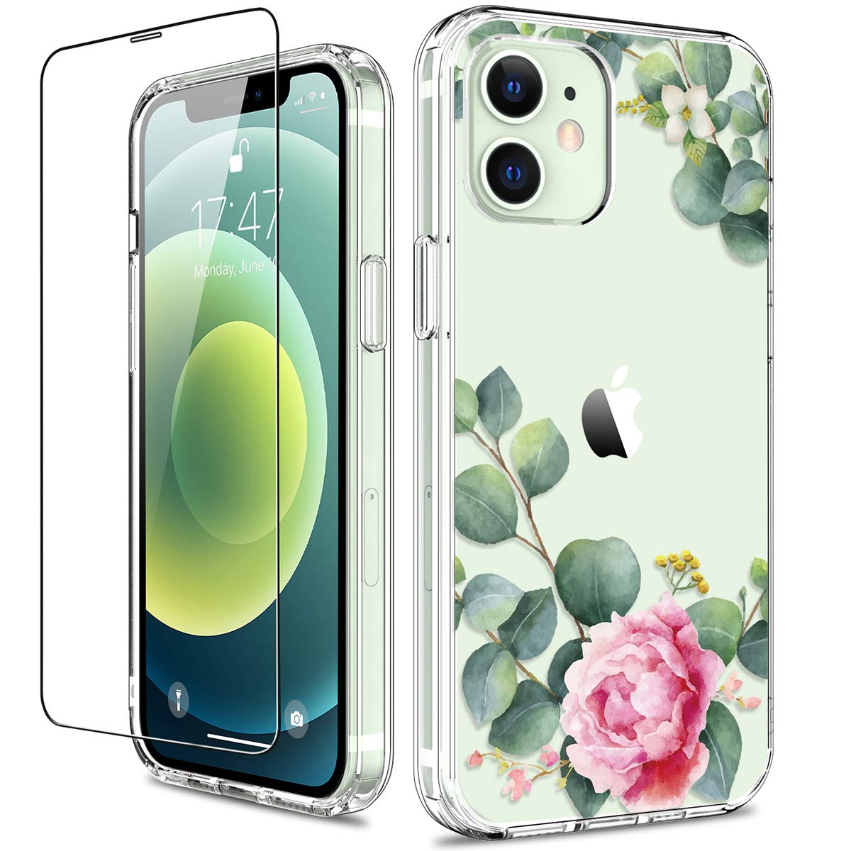 GiiKa for iPhone 12 Case, iPhone 12 Pro Case with Screen Protector, Clear Full Body Protective Floral Girls Women Shockproof Hard Case with TPU Bumper Cover Phone Case for iPhone 12, Camellia