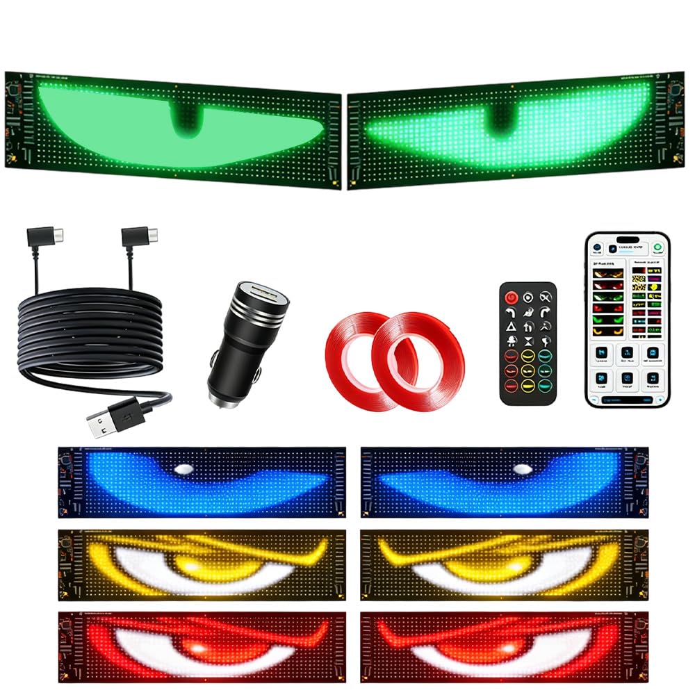 2 Luces Led de Ojos de Diablo para Coches, SUV, Ojos Led, 92 x 374 mm, Panel de Matriz Led Flexible, Programable, Letrero Led Animado, Control por Aplicación Bluetooth y Mando a Distancia