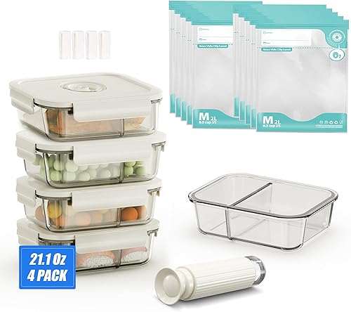 Miniatura 10 de Recipientes de vidrio con sellado al vacío para almacenamiento de alimentos, juego de 3 recipientes selladores de vidrio de borosilicato y 10 bolsas