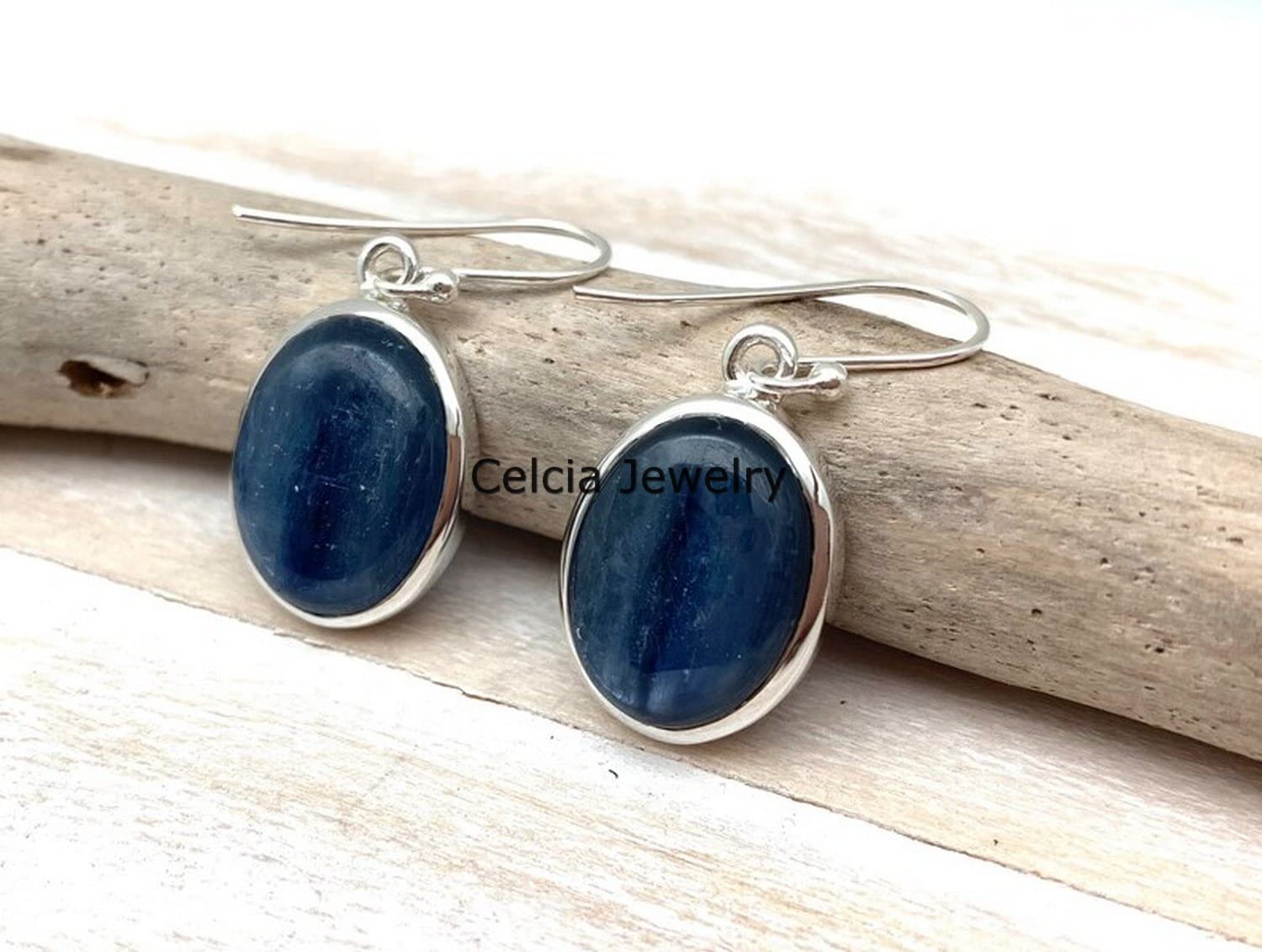 Pendientes colgantes de lágrima de plata de ley 925 auténtica para mujer, pendientes hechos a mano únicos de piedra preciosa azul ovalada de cianita natural para ella