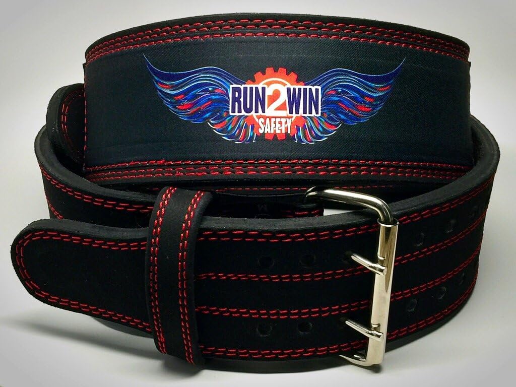 Tough 13mm Leather Run2Win Safety Powerlifting Belt for Men & Women 4 Inches Wide Best Lower Back Support No Taper Great Adjustable Weight Lifting Belt with Buckle for Strength Training Squat Deadlift