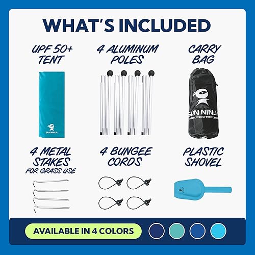 Vista 5 de SUN NINJA Beach Tent Sun Shelter UPF50+ - Easy Pop Up Beach Canopy - Outdoor Shade for Camping Trips, Fishing, Backyard Fun Picnics - Sand Shovel