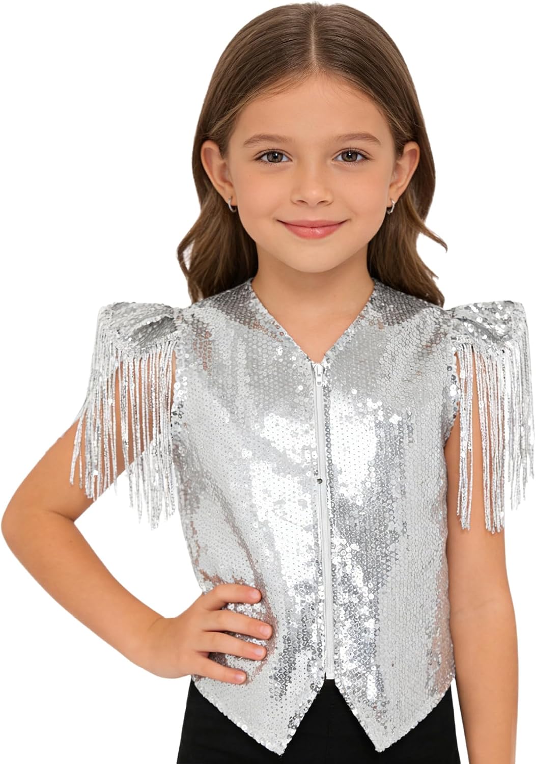 Kids Boys Girls Sequin Tassel Vest Shiny Fringe Cap Sleeve Zipper Jacket Disco Hip Hop Jazz Dance Top