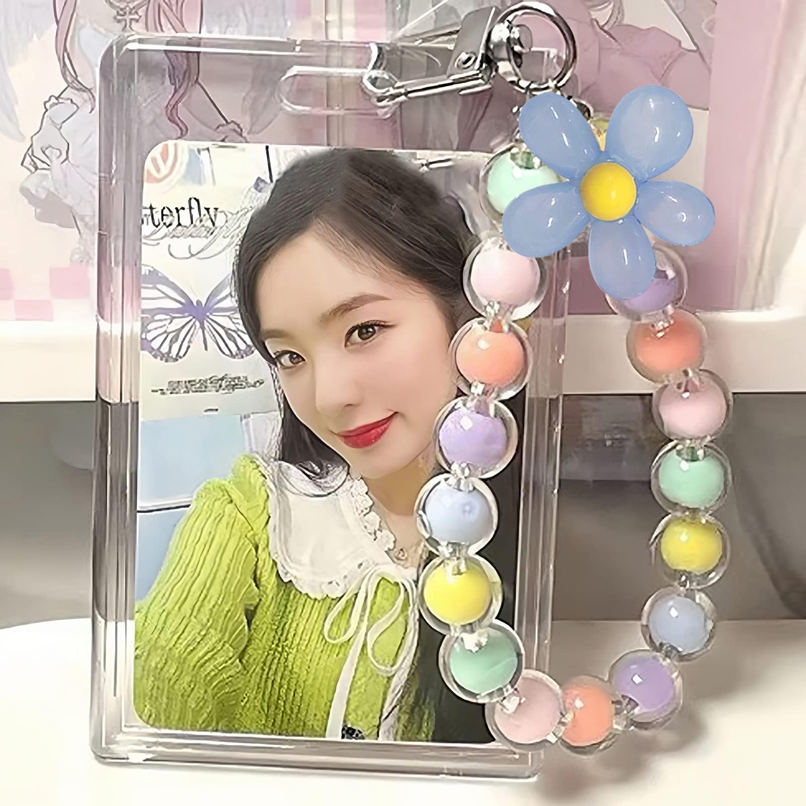 Acrylic Kpop Photocard Holder Keychain Photo Card Holders 3 Inch ID Badge Holder Bus Card Colored Beads Flower Pendant for Card Holder,Phone,Album (Blue Flower)