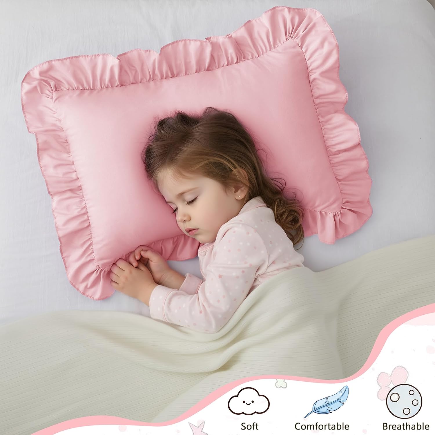 2 Pack Microfiber Toddler Pillowcase with Ruffle Edges, 13" x 18" Ruffle Toddler Pillow Cases, Soft Cute Kids Pillow Covers with Envelope Closure, Pink
