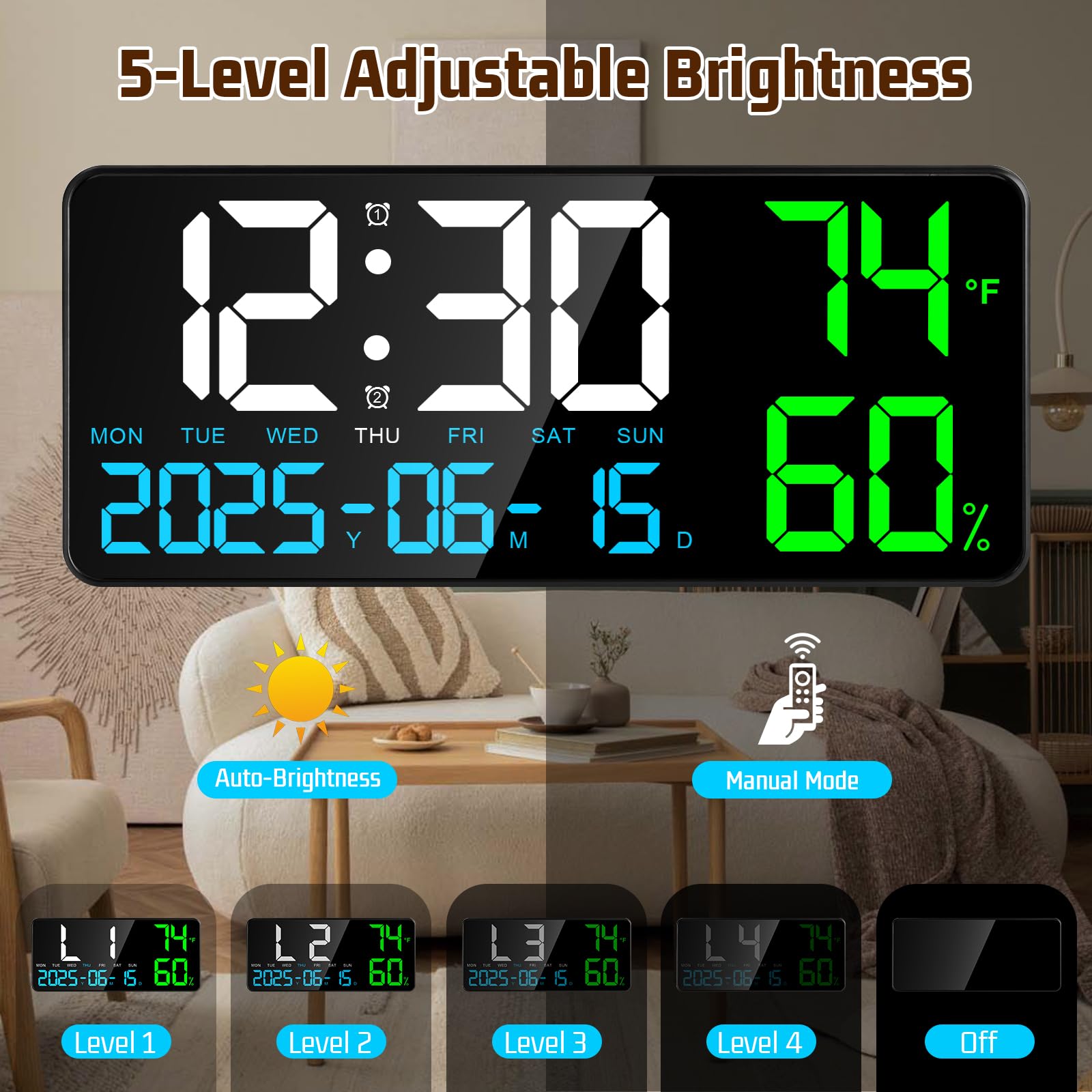 15" Orologio da Parete Digitale Grande, Orologio Digitale LED con Telecomando, Luce Notturna, Temperatura, Data, Allarme, Dimmer, 24/12 H, per Soggiorno, Camera da Letto, Ufficio