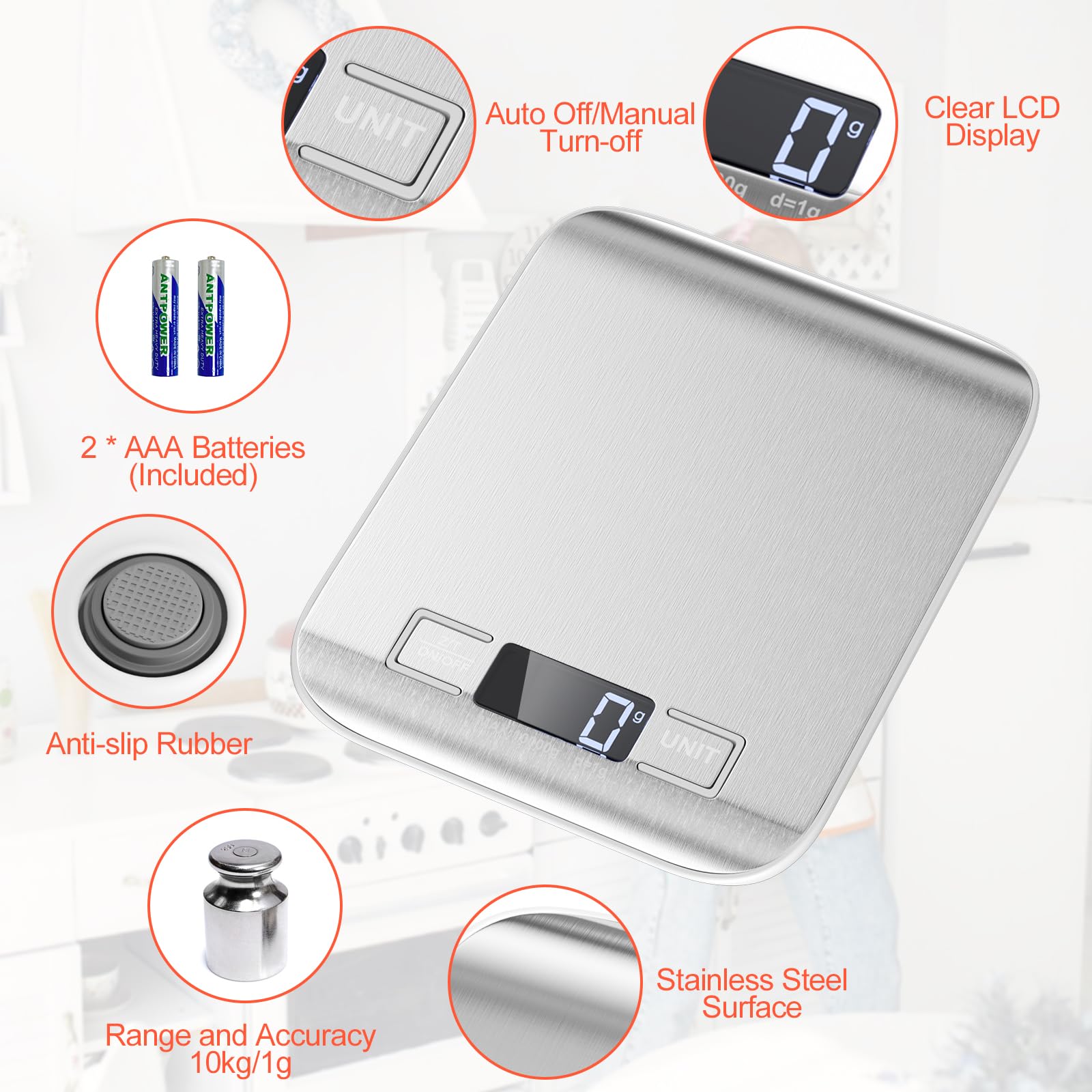 Balance De Cuisine électronique 10kg/1g | Inox, 6 Unités, Fonction Tare | Pour Pâtisserie, Régime, Dosage Précis