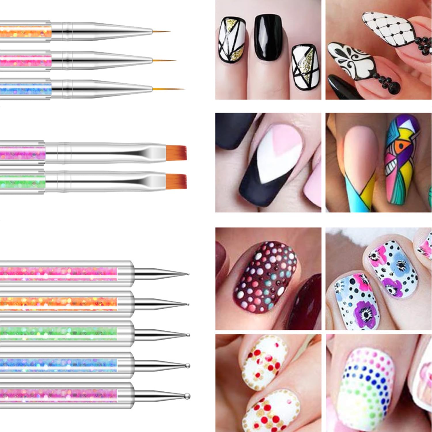 Juego de 6 pinceles de uñas, pinceles de doble extremo, para decoración de uñas, acrílicos, delineador de uñas, herramienta de punteo para el diseño de uñas (con 1 cepillo de esponja)