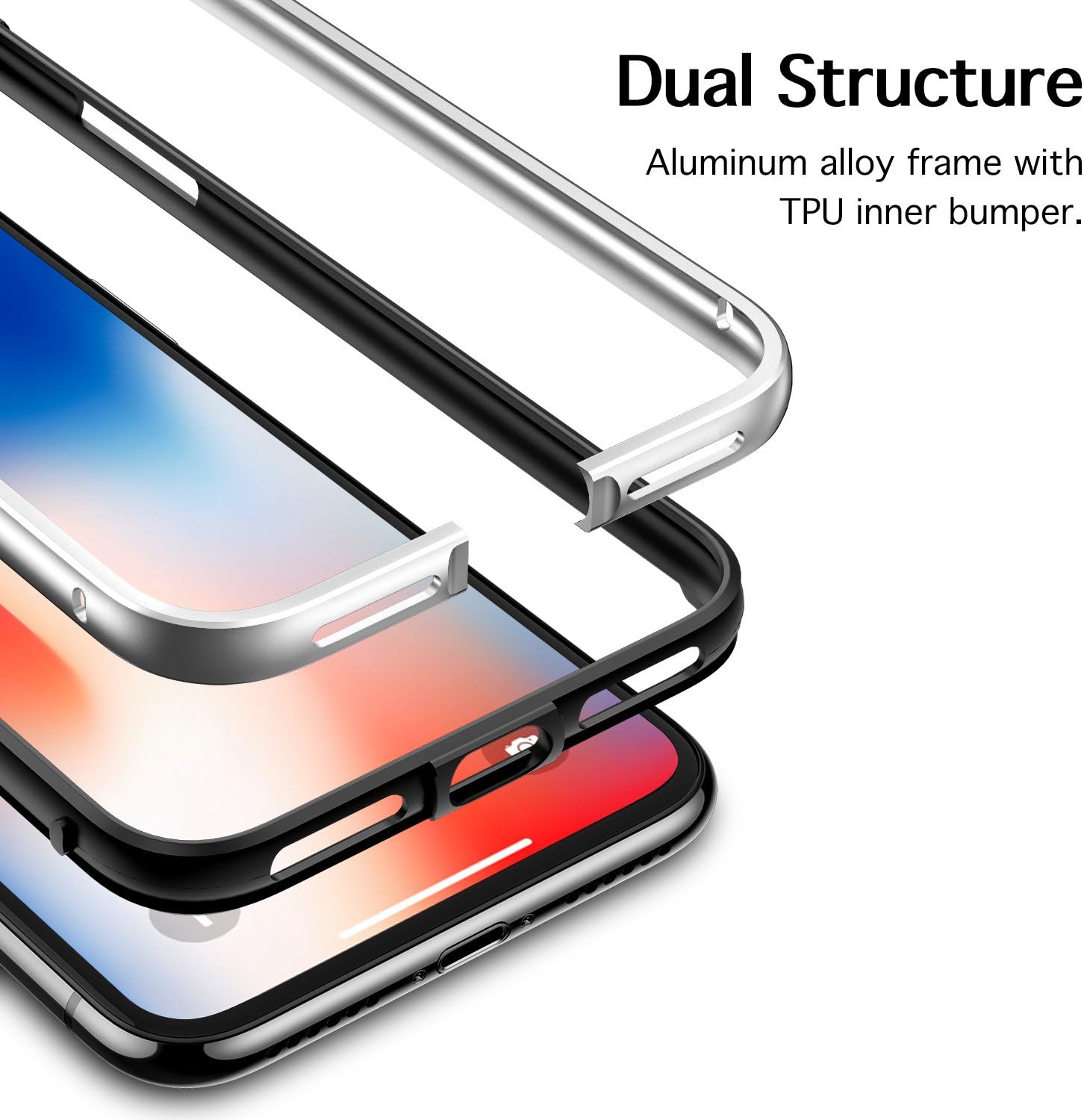ESR iPhone X Bumper Case, Metal iPhone Frame Armor with Soft Inner Bumper[No Signal Blocking][Raised Edge Protection] for iPhone X(Silver)